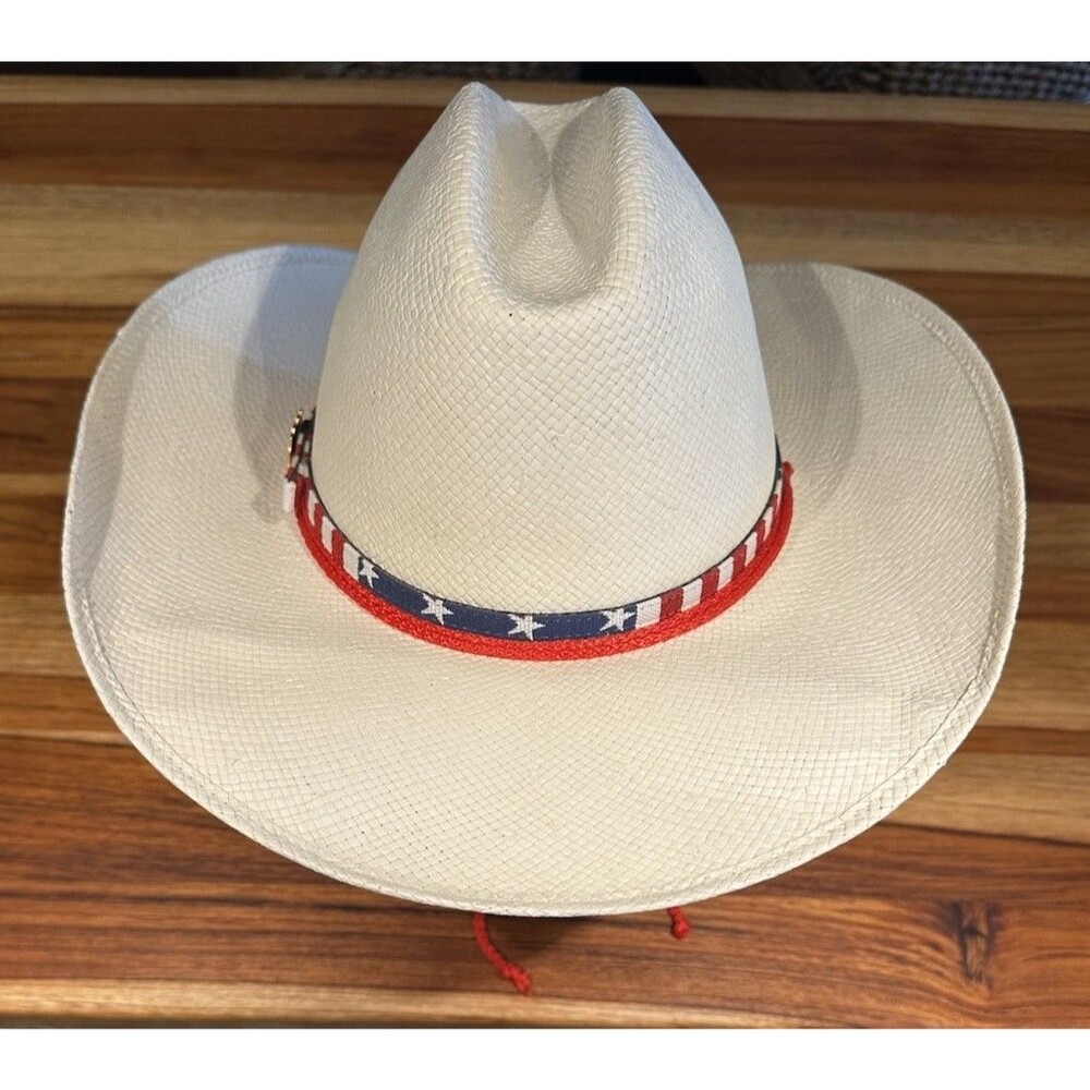 STETSON STRAW COWBOY WESTERN HAT American Flag Band W/ Drawsting 54cm Or 6 3/4